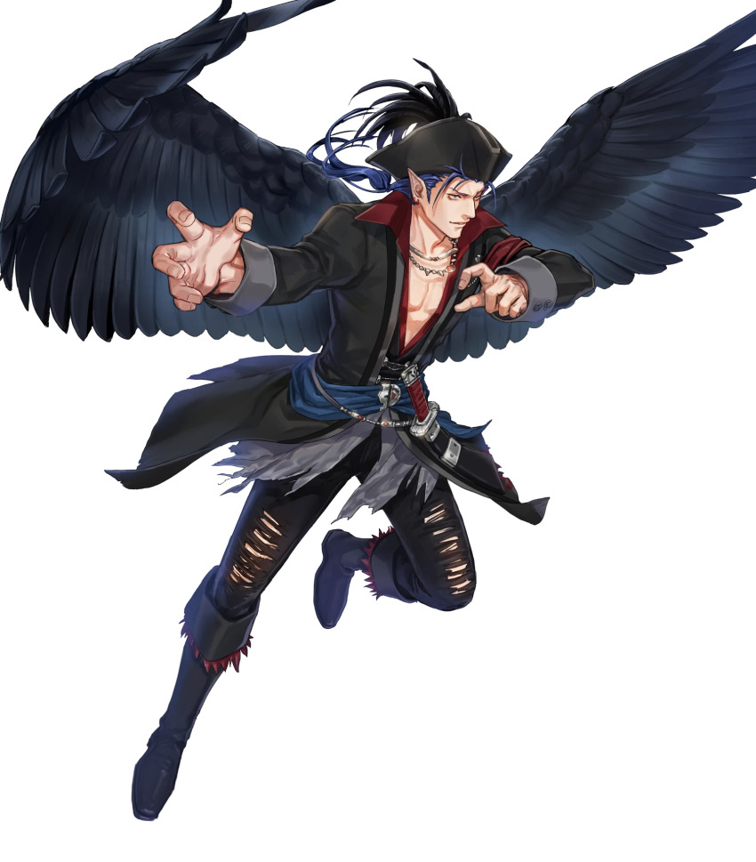 1boy black_wings blue_eyes blue_hair boots earrings fire_emblem fire_emblem:_radiant_dawn fire_emblem_heroes full_body hat highres jewelry kuroba.k laguz_(fire_emblem) long_hair low_neckline male_focus naesala_(fire_emblem) naesala_(pirate)_(fire_emblem) naesala_(sea&#039;s_shadow)_(fire_emblem) nintendo non-web_source official_art pants pirate_hat pointy_ears ponytail sash solo torn_clothes torn_pants transparent_background waist_sash wings