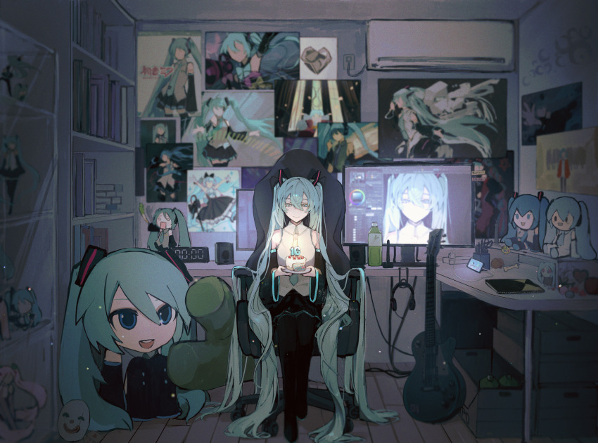1girl absurdly_long_hair absurdres aimaina air_conditioner aqua_eyes aqua_hair aqua_necktie artist_name bare_shoulders birthday_cake black_boots black_skirt black_sleeves bookshelf boots bottle cake cellphone chair character_doll charger clock closed_mouth collared_shirt commentary_request dappou_rock_(vocaloid) dated detached_sleeves digital_clock electric_guitar figure film_grain food frilled_shirt frills greenlights_serenade_(vocaloid) grey_shirt guitar hachune_miku hair_between_eyes happy_birthday hatsune_miku hatsune_miku_happy_16th_birthday_-dear_creators- hatsune_miku_no_shoushitsu_(vocaloid) hatsune_tenchikaibyaku_shinwa_(vocaloid) headphones highres holding indoors instrument kajiwara_3 karakuri_pierrot_(vocaloid) light_particles long_hair looking_at_viewer magical_mirai_(vocaloid) magical_mirai_miku magical_mirai_miku_(2014) magical_mirai_miku_(2016) magical_mirai_miku_(2018) magical_mirai_miku_(2021) magical_mirai_miku_(2023) melt_(vocaloid) monitor necktie painttool_sai partial_commentary phone pleated_skirt poppippoo_(vocaloid) poster_(object) rolling_girl_(vocaloid) sakura_miku shinkai_shoujo_(vocaloid) shirt sitting skirt sleeveless sleeveless_shirt smartphone solo songover spring_onion stationery suna_no_wakusei_(vocaloid) thigh_boots twintails unknown_mother_goose_(vocaloid) very_long_hair vocaloid wide_sleeves