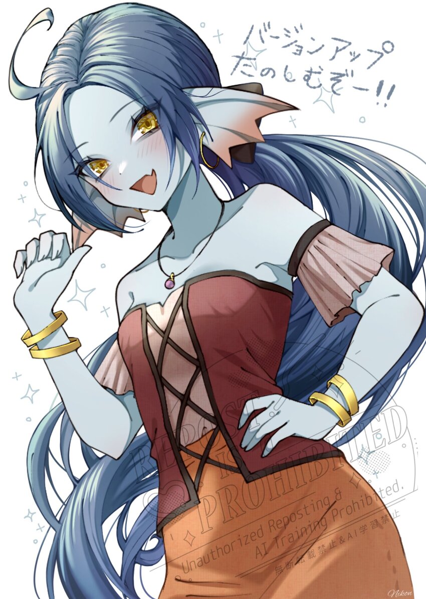 ahoge artist_name black_bow blue_hair blue_skin bow bracelet breasts bustier collarbone colored_skin commentary_request cosplay dragon_quest dragon_quest_iii dragon_quest_x earrings fang fins floating_hair frilled_armlet gold_bracelet gold_earrings hair_bow hand_on_own_hip head_fins highres hoop_earrings in-franchise_crossover jewelry low_ponytail medium_breasts necklace nikon_(user_aznh7528) open_mouth orange_skirt parted_hair pointing pointing_at_self pointing_with_thumb ponytail red_bustier ruida ruida_(cosplay) skin_fang skirt translation_request upper_body weddie_(dq10) white_background yellow_eyes