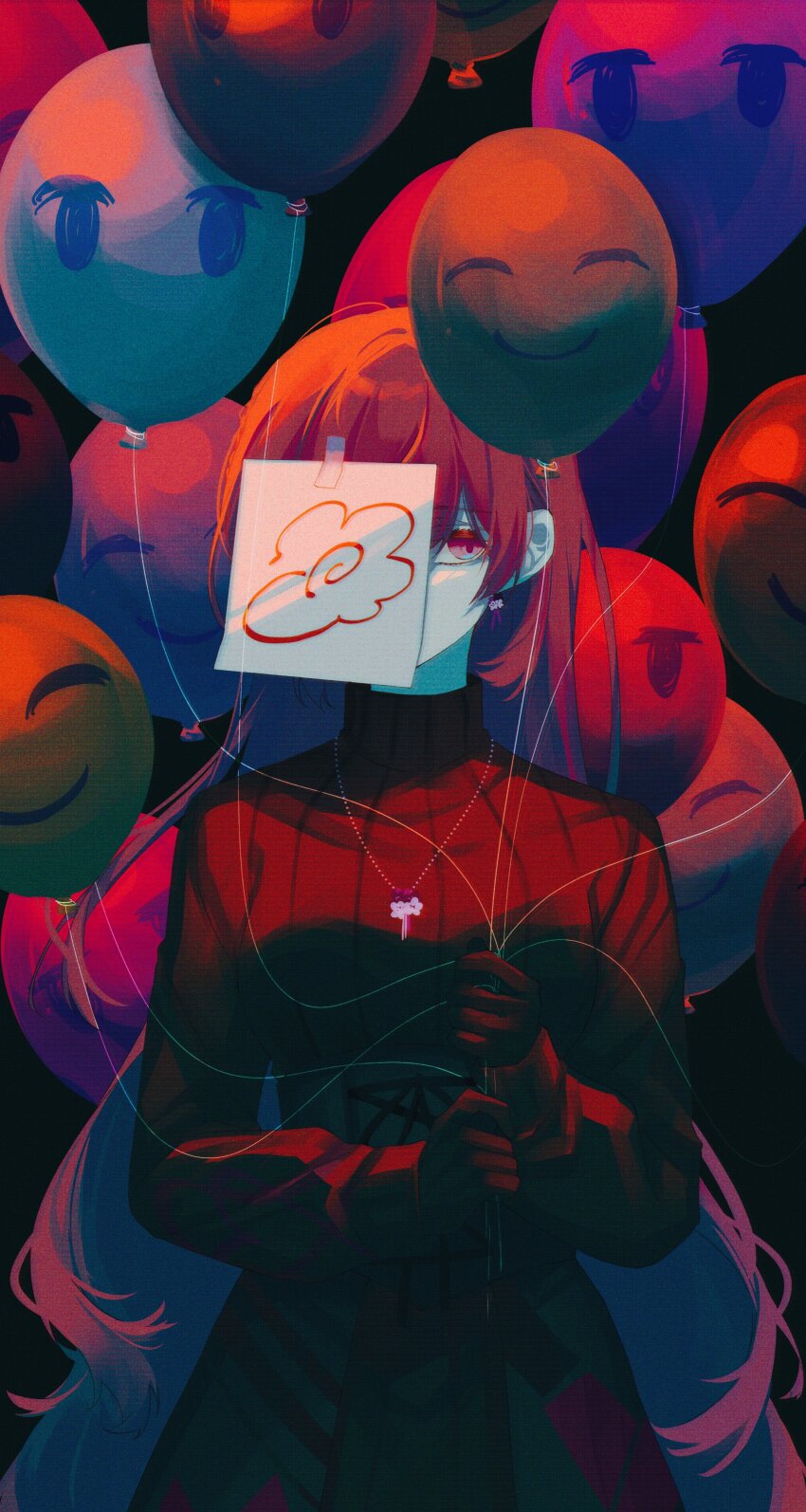 1girl absurdres asahina_mafuyu balloon black_dress black_gloves dress earrings gloves hanamaru hashtag-only_commentary highres holding holding_balloon jewelry long_hair looking_to_the_side necklace official_alternate_costume one_eye_covered paper paper_on_head project_sekai red_eyes red_hair ribbed_dress ritzchrono solo soshite_hari_wa_ugokidasu_(project_sekai) upper_body very_long_hair