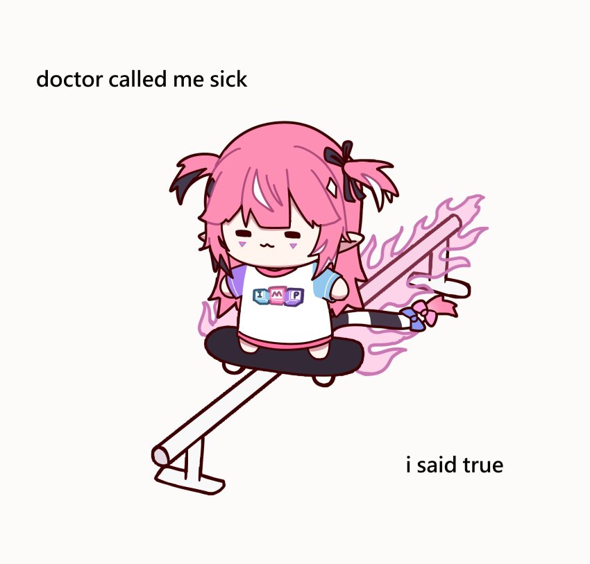 1girl :3 =_= absurdres artist_request barefoot black_hair black_ribbon blue_bow bow camila_(vtuber) check_artist chibi chibi_only closed_mouth clothes_writing diamond_hair_ornament english_text facial_mark fire flat_color full_body hair_ribbon highres indie_virtual_youtuber long_hair meme multicolored_hair pink_bow pink_fire pink_hair pointy_ears railing ribbon second-party_source shirt short_twintails simple_background skateboard skateboarding smile solo streaked_hair striped_tail tail tail_bow tail_ornament teteteru_267 triangle triangle_facial_mark twintails virtual_youtuber white_background white_hair white_shirt