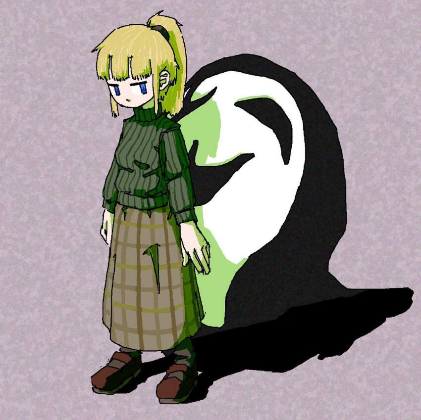 1girl blonde_hair blue_eyes breasts commentary dark_skin green_sweater hashtag-only_commentary high_ponytail highres long_skirt medium_breasts pantsu-ripper poniko ponytail ribbed_sweater sidelocks skirt sweater turtleneck turtleneck_sweater uboa yume_nikki