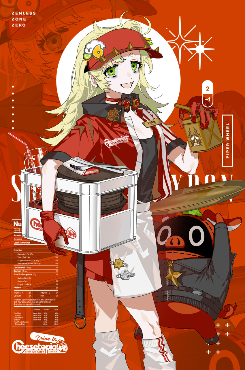 1girl absurdres alternate_costume bangboo_(zenless_zone_zero) baseball_cap blonde_hair cowboy_shot drink earrings english_text fork gloves green_eyes hair_bun hat highres holding holding_drink jewelry looking_at_viewer mzet open_mouth piper_wheel plate red_gloves smile solo standing zenless_zone_zero