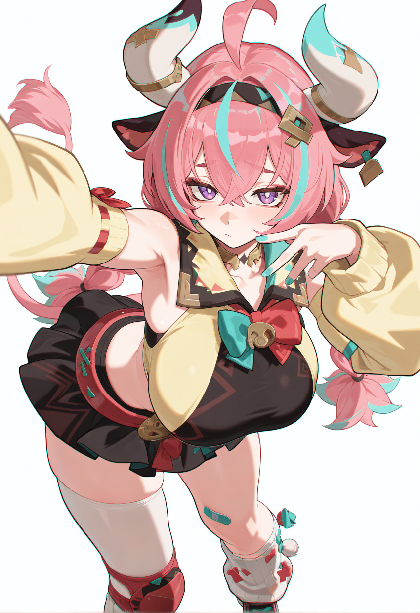 1girl absurdres akirai animal_ears antenna_hair aqua_streaks asymmetrical_legwear bandaid bandaid_on_cheek bandaid_on_face bandaid_on_horn bandaid_on_leg bell bell_earrings blue_eyes blush braid breasts bright_pupils brown_skirt collarbone cow_ears cow_girl cow_horns cow_tail crop_top crossed_bangs detached_sleeves earrings genshin_impact hair_between_eyes hair_intakes hairband hands_up highres horns jewelry large_breasts leg_warmers long_hair looking_at_viewer low_twin_braids lower_teeth_only microskirt midriff multicolored_hair navel open_mouth pink_hair pleated_skirt selfie selfie_pose shoes sidelocks single_thighhigh skirt sneakers solo standing streaked_hair tail teeth thighhighs twin_braids varesa_(genshin_impact) very_long_hair white_background white_leg_warmers white_pupils white_shoes white_thighhighs yellow_sleeves
