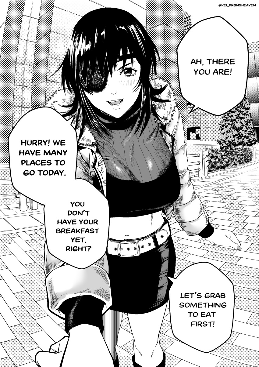 1girl absurdres black_hair breasts chainsaw_man commentary crosshatching english_commentary english_text eyepatch greyscale hatching_(texture) highres himeno_(chainsaw_man) holding kei_dragonsheaven monochrome pov short_hair smoking solo speech_bubble twitter_username wolf_cut