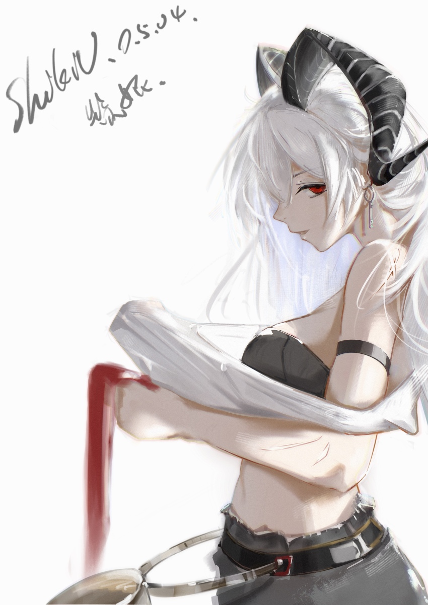 1girl absurdres arm_strap bare_shoulders black_bra black_horns black_pants bra breasts commentary_request cowboy_shot curled_horns dated earrings highres holding_necktie horns jewelry key_earrings large_breasts long_hair looking_at_viewer necktie pants parted_lips partial_commentary red_eyes red_necktie shiki4012 shirt signature smile solo underwear white_hair white_shirt wuthering_waves zani_(wuthering_waves)