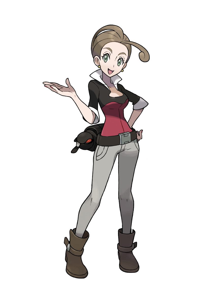 1girl absurdres alexa_(pokemon) brown_hair full_body green_eyes highres nintendo official_art oomura_yuusuke open_mouth pants poke_ball pokemon pokemon_xy solo standing third-party_source transparent_background