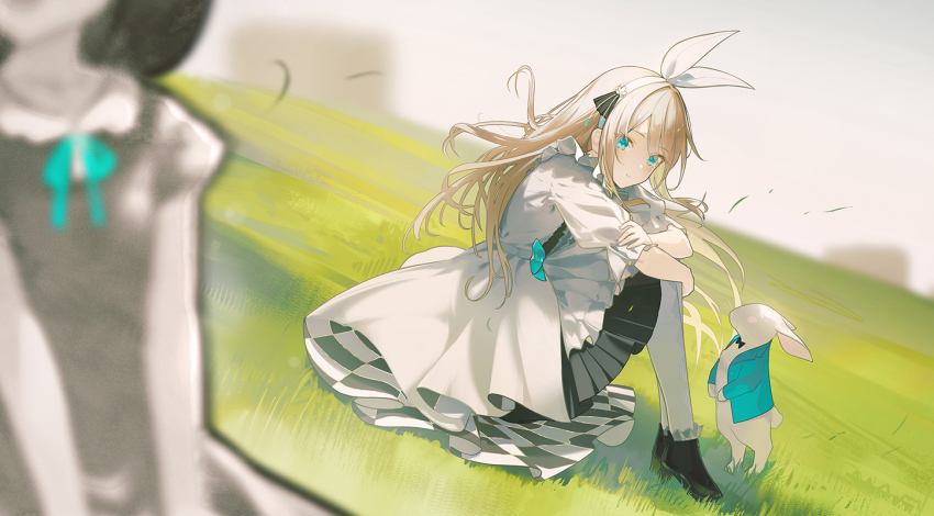 2girls alice_(alice_in_wonderland) alice&#039;s_adventures_in_wonderland animal aqua_bow aqua_eyes aqua_jacket blade_of_grass blonde_hair blurry bow bowtie checkered_clothes checkered_dress clothed_animal crossed_arms depth_of_field dress floating_hair grass hair_bow hairband hugging_own_legs jacket multiple_girls open_clothes open_jacket outdoors rabbit sitting wakuseiy white_bow white_dress white_hairband wind