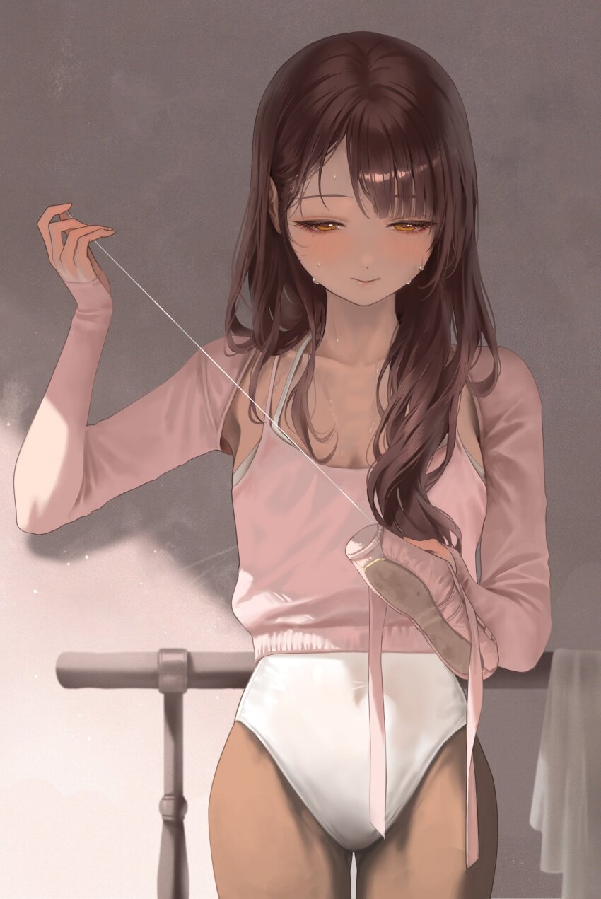 1girl absurdres ballerina ballet_slippers bangsom blush breasts brown_eyes brown_hair covered_navel hair_over_shoulder highres indoors leotard maintenance original pantyhose parted_bangs sleeves_past_wrists small_breasts smile solo sunlight sweat white_leotard