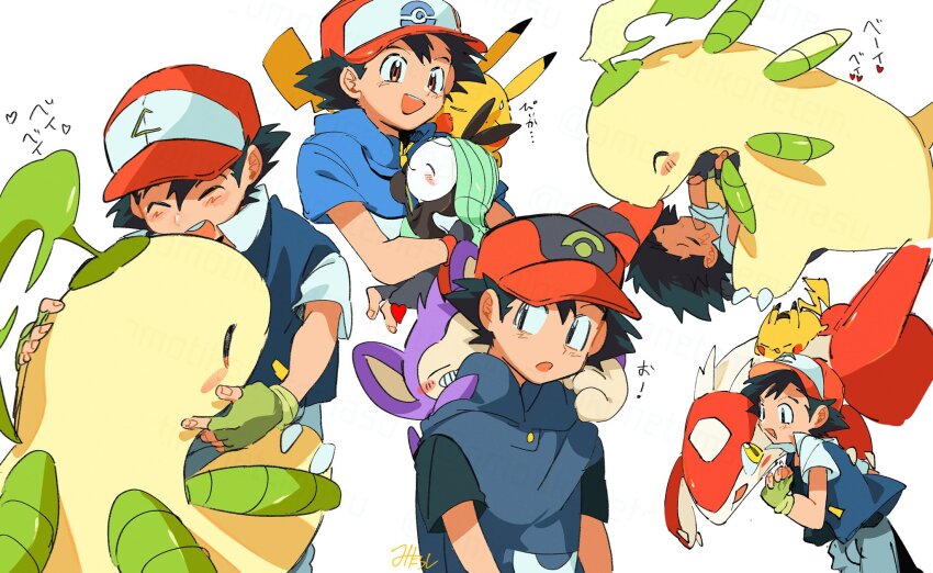 1boy aipom ash_ketchum baseball_cap bayleef black_hair blush brown_eyes closed_eyes closed_mouth commentary_request creatures_(company) facial_mark fingerless_gloves game_freak gen_1_pokemon gen_2_pokemon gen_3_pokemon gen_5_pokemon gloves green_gloves hat highres hug jacket latias legendary_pokemon meloetta meloetta_(aria) mythical_pokemon nintendo omotikonetemasu open_mouth pikachu pokemon pokemon_(anime) pokemon_(classic_anime) pokemon_(creature) pokemon_bw_(anime) pokemon_rse_(anime) short_sleeves simple_background smile sweatdrop white_background yellow_eyes