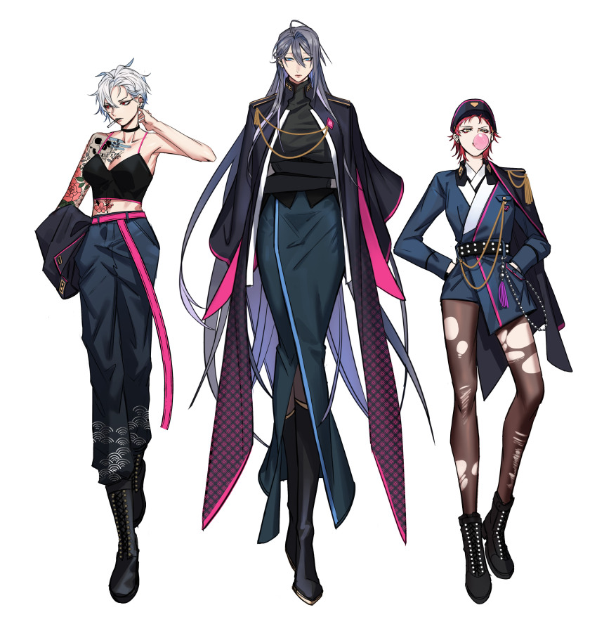 3girls absurdres aiguillette alternate_costume aohitsugi_samatoki arm_tattoo arms_under_breasts asymmetrical_sidelocks belt black_belt black_cape black_choker black_coat black_footwear black_hat black_shirt blowing_bubbles blue_eyes blue_jacket blue_pants blue_shorts blue_skirt boots breasts cape chest_tattoo chewing_gum choker cigarette cleavage closed_mouth coat coat_on_shoulders cowlick crop_top crossed_arms ear_piercing earrings epaulettes expressionless eyeliner fishfall flower_tattoo full_body genderswap genderswap_(mtf) hair_between_eyes hands_in_pockets harai_kuko hat highres holding holding_jacket holding_unworn_clothes hypnosis_mic jacket jewelry jinguji_jakurai korean_commentary lace-up_boots large_breasts long_bangs long_belt long_hair long_skirt long_sleeves looking_at_viewer makeup mature_female midriff multiple_girls pants pantyhose patterned_clothing pencil_skirt piercing pink_belt pink_eyeliner purple_hair red_eyes red_hair scowl seigaiha shirt short_bangs short_hair short_shorts shorts side_cape side_part simple_background single_epaulette skirt skull_tattoo smoking spaghetti_strap tassel tattoo torn_clothes torn_pantyhose turtleneck uneven_eyes unworn_jacket v-shaped_eyebrows very_long_hair white_background white_hair wrinkled_skin yellow_eyes