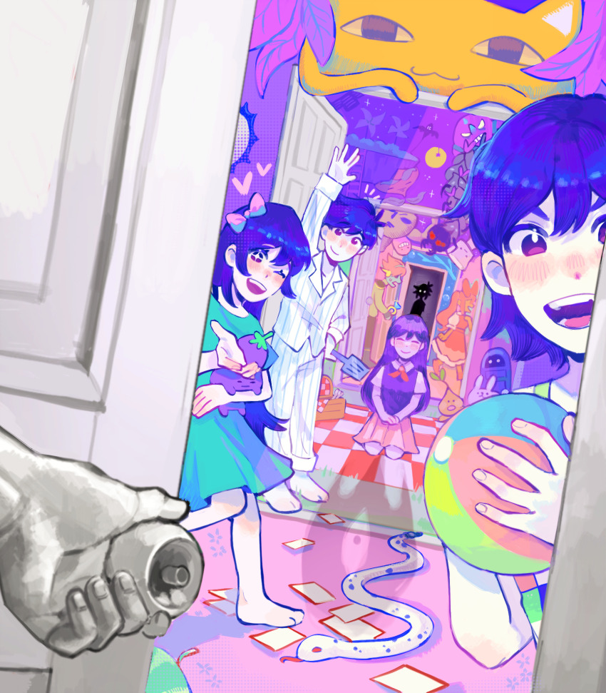 3girls 5boys aubrey_(headspace)_(omori) aubrey_(omori) ball big_yellow_cat_(omori) blush boss_(omori) captain_spaceboy colored_skin door hero_(headspace)_(omori) hero_(omori) highres holding holding_ball holding_spatula humphrey_(omori) kel_(headspace)_(omori) kel_(omori) kid&#039;s_kite_(omori) kimsugi king_crawler_(omori) looking_at_viewer mari_(headspace)_(omori) mari_(omori) multiple_boys multiple_girls omori omori_(omori) one_eye_closed open_mouth pinwheel pluto_(omori) purple_eyes purple_hair smile snake spatula stranger_(omori) sunny_(omori) sweetheart_(omori) white_skin ye_old_sprout_(omori)