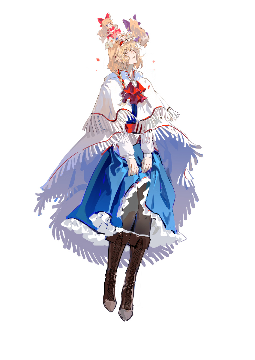 1girl absurdres adapted_costume alice_margatroid ascot belt black_pantyhose blonde_hair blue_dress boots bow braid brown_boots cape capelet closed_eyes commentary_request cross cross_earrings doll dress earrings facing_up frilled_dress frilled_hairband frills fringe-trimmed_cape fringe-trimmed_capelet fringe_trim full_body hair_bow hair_ribbon hairband highres hourai_doll jewelry knee_boots lace-up_boots long_sleeves pantyhose parted_lips petals puffy_long_sleeves puffy_sleeves red_ascot red_belt red_bow red_hairband ribbon_braid side_braid simple_background single_braid skirt_hold solo touhou white_background white_cape white_capelet white_lily xiuchundao