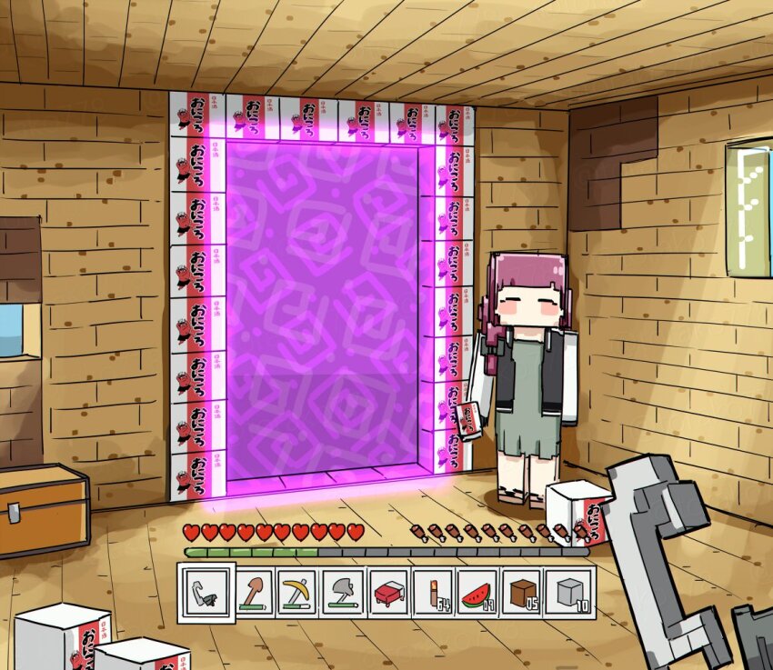1girl alcohol_carton blonde_hair blush blush_stickers bocchi_the_rock! box closed_eyes facing_viewer heads-up_display hiroi_kikuri indoors minecraft minecraft_(style) nether_portal pov purple_hair standing torako_(toramaru) twitter_username user_interface watermark