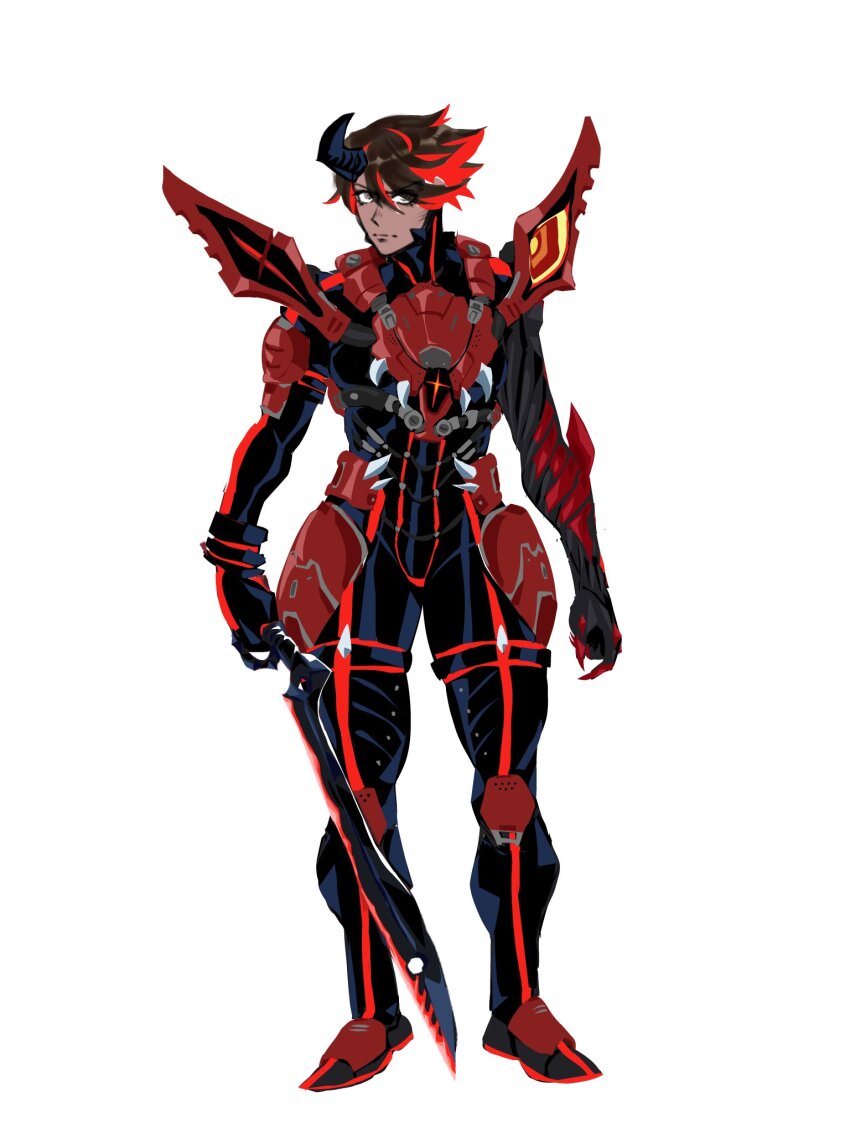 1girl adapted_costume alternate_costume angry armor asymmetrical_arms biomechanical black_armor black_bodysuit black_horns bodysuit breastplate brown_hair claw_pose claws corruption crossover dark-skinned_female dark_skin day_of_wrath_(infinitypilot) demon demon_girl demon_horns doom_(2016) doom_(series) doom_eternal elite_guard_(doom) fanfic fantasy full_armor fusion glowing glowing_armor glowing_eye glowing_eyes glowing_hair highres holding holding_sword holding_weapon horns kamui_(kill_la_kill) kill_la_kill life_fiber living_armor living_clothes matoi_ryuuko monster_girl multicolored_hair mutant mutation occult original pauldrons red_armor red_eyes red_hair ruby_taylor_(day_of_wrath) sbigbro science_fiction scissor_blade_(kill_la_kill) senketsu short_hair shoulder_armor sigil soldier solo spiked_pauldrons standing sword teeth vorpal_sword_(day_of_wrath) warrior weapon
