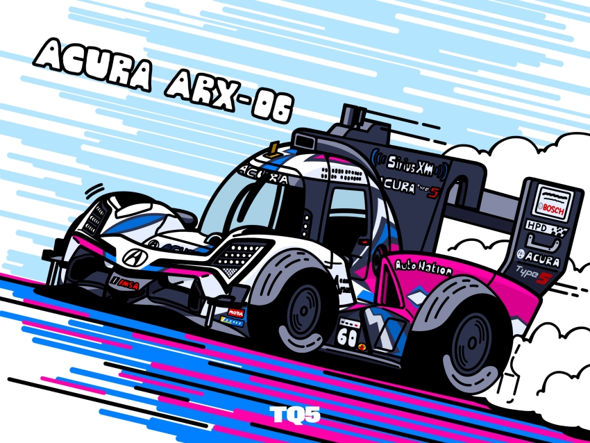 acura_(brand) acura_arx-06 artist_name car chibi choro-q from_side highres imsa_sportscar_championship le_mans_prototype motor_vehicle no_humans parody race_vehicle racecar smoke spoiler_(automobile) style_parody tq5 vehicle_focus vehicle_name