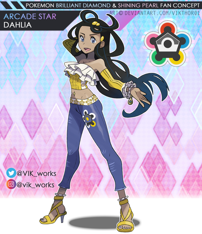 1girl absurdres artist_name bare_shoulders battle_frontier_symbol belt black_hair blue_eyes blue_hair blue_pants bracelet crop_top dahlia_(pokemon) dark-skinned_female dark_skin denim detached_sleeves english_text frilled_shirt frilled_sleeves frills frontier_brain full_body hair_ornament high_heel_sandals high_heels highres jeans jewelry midriff multicolored_hair nail_polish navel navel_piercing nintendo no_socks open_mouth pants piercing pokemon pokemon_bdsp pokemon_dppt pokemon_platinum print_shirt redesign sandals shirt toeless_footwear toenail_polish toenails twitter_username two-tone_hair vikthor01 white_belt yellow_sandals