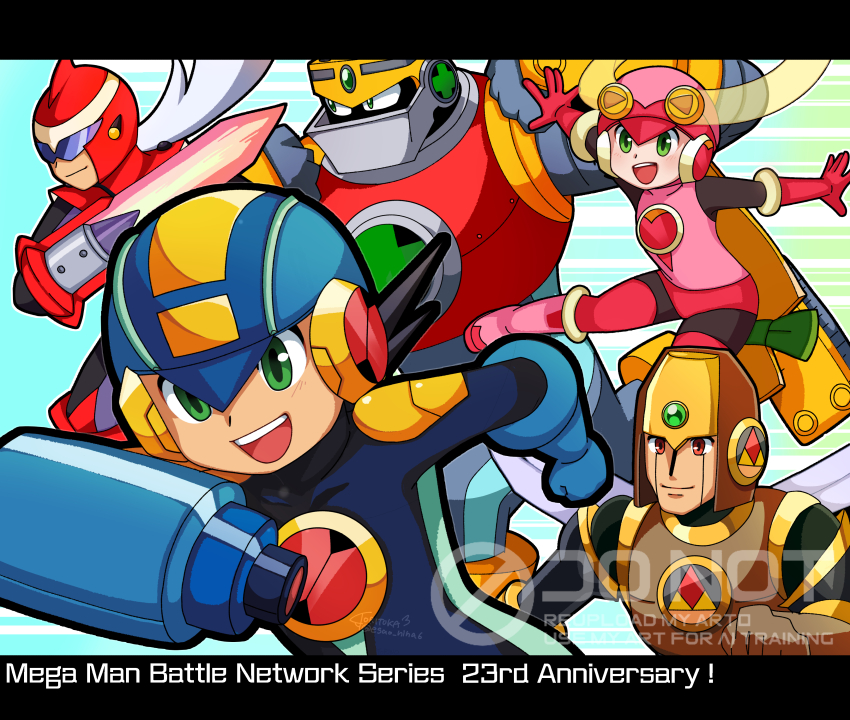 1girl 4boys absurdres anniversary arm_blade arm_cannon armor assault_visor black_bodysuit black_hair blonde_hair blue_bodysuit blue_helmet bodysuit brown_eyes egao_nina6 energy_sword glide.exe_(mega_man) green_eyes grey_hair group_picture gutsman.exe helmet highres leotard long_hair mega_man_(series) mega_man_battle_network_(series) megaman.exe multiple_boys netnavi pink_helmet pink_leotard protoman.exe red_armor red_helmet roll.exe_(mega_man) short_hair sword watermark weapon
