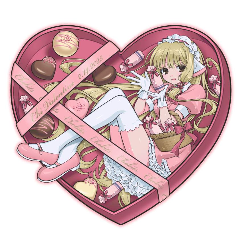 1girl absurdres basket blonde_hair bow box box_of_chocolates breasts brown_eyes character_name chii chobits chocolate collared_dress commentary_request copyright_name dated dress frilled_dress frills full_body gloves hair_ribbon hands_up heart heart-shaped_box highres holding holding_basket light_smile long_hair looking_at_viewer maid mary_janes open_mouth pink_bow pink_dress pink_ribbon pink_shoes puffy_short_sleeves puffy_sleeves ribbon robot_ears sasamigumi shoes short_sleeves sidelocks simple_background solo thighhighs tress_ribbon valentine very_long_hair white_background white_chocolate white_gloves white_thighhighs wicker_basket