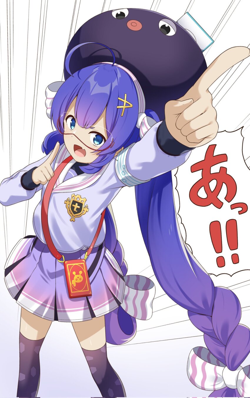 1girl ahoge arm_up armband black_undershirt blue_eyes blue_hair blue_jacket blunt_bangs bow braid cellphone_strap chaakusu commentary_request eel_hat emphasis_lines fang feet_out_of_frame from_above goggles gradient_clothes gradient_hair gradient_skirt gradient_thighhighs hair_between_eyes hair_bow hair_ornament hairclip hand_up hat hat_ribbon highres honeycomb_(pattern) honeycomb_print jacket large_hat long_hair long_sleeves looking_at_viewer low-braided_long_hair low-tied_long_hair low_twintails mortarboard multicolored_hair multicolored_skirt open_mouth otomachi_una otomachi_una_(voicepeak) over-kneehighs pink_skirt pleated_skirt pointing print_thighhighs puffy_long_sleeves puffy_sleeves purple_hair purple_hat purple_skirt red-framed_eyewear ribbon safety_pin sailor_collar sailor_jacket shirt shoulder_strap simple_background skin_fang skirt smartphone_case smile solo speech_bubble standing striped_bow striped_ribbon talkex thighhighs turtleneck turtleneck_shirt twintails v-shaped_eyebrows vertical-striped_bow very_long_hair voicepeak white_armband white_background white_bow white_ribbon white_sailor_collar