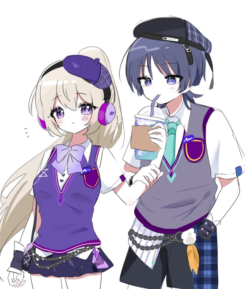 1boy 1girl 52601i alternate_costume aqua_necktie arm_at_side bag beret black_hair black_hat black_shorts black_skirt blonde_hair blunt_ends blush bow bowtie chain closed_mouth collared_shirt contemporary cup disposable_cup drinking drinking_straw emblem eyelashes feathers genshin_impact grey_sweater_vest hair_between_eyes hand_in_pocket hand_up handbag hat high_ponytail highres holding holding_another&#039;s_arm holding_cup large_bow looking_at_another looking_at_object looking_down necktie notice_lines official_alternate_costume original pom_pom_(clothes) ponytail purple_bow purple_bowtie purple_eyes purple_sweater_vest scaramouche_(genshin_impact) school_uniform second-party_source sharing_food shirt shorts sidelocks skirt sweater_vest wanderer_(genshin_impact) wanderer_(mega_mgc_coffee)_(genshin_impact) white_background white_shirt white_undershirt wrist_cuffs yellow_feathers