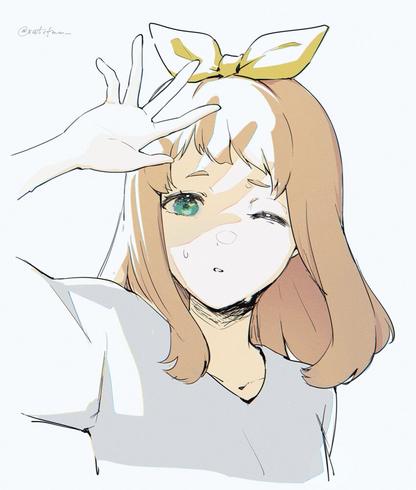 1girl absurdres blonde_hair bow collarbone green_eyes hair_ribbon hibike!_euphonium highres long_hair one_eye_closed parted_lips ponytail ratifuu ribbon shirt short_sleeves simple_background solo sweat sweatdrop white_background white_shirt yoshikawa_yuuko