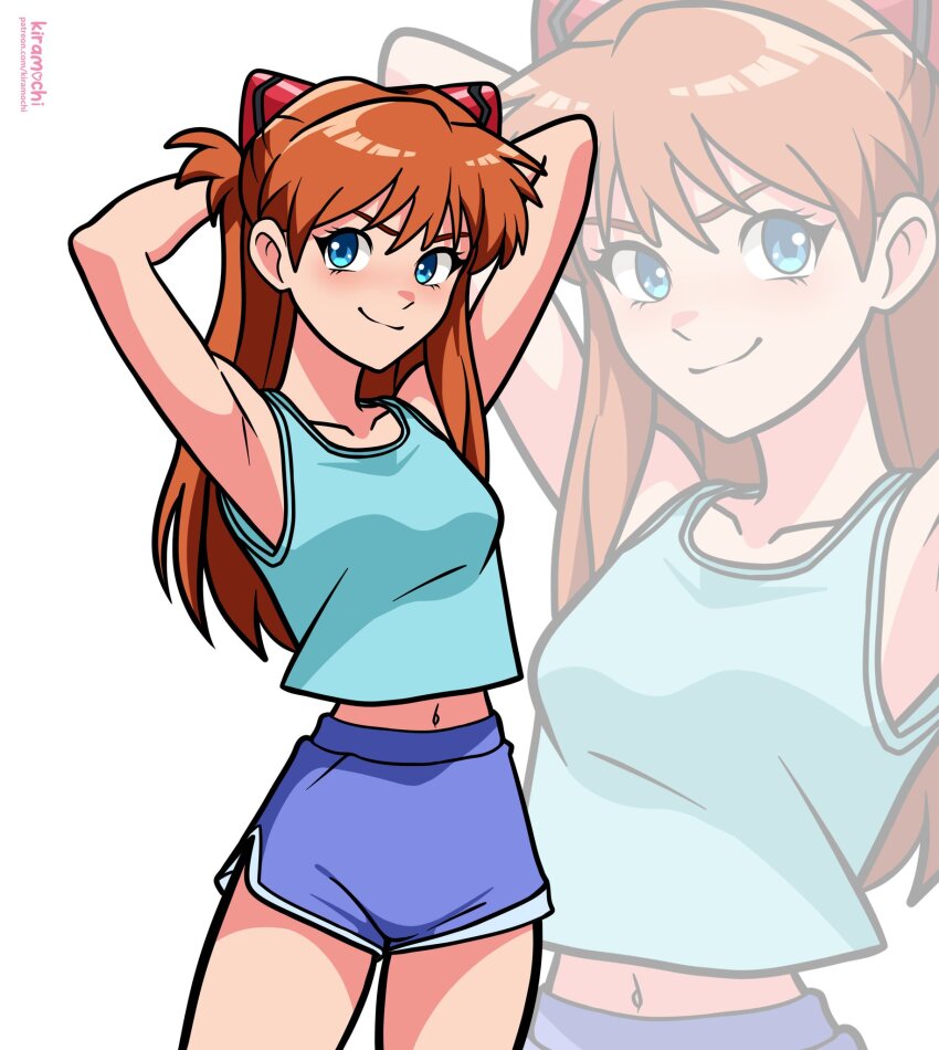 1girl armpits arms_behind_head blue_eyes breasts highres kiramochi long_hair looking_at_viewer medium_breasts midriff navel neon_genesis_evangelion orange_hair smile solo souryuu_asuka_langley tank_top
