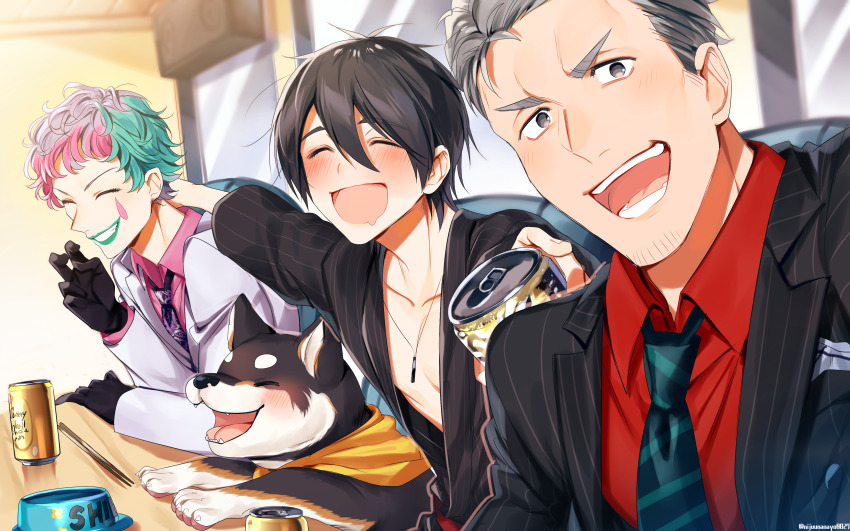 3boys :d ^_^ absurdres animal beer_can black_gloves black_hair black_jacket black_kimono blue_necktie blurry blurry_background blush bowl brown_eyes can chopsticks closed_eyes collared_shirt depth_of_field diagonal-striped_clothes diagonal-striped_necktie dog drink_can drunk formal_clothes gloves green_hair green_lips grey_hair grey_jacket grin highres holding holding_can indoors jacket japanese_clothes joe_rikiichi joe_rikiichi_(1st_costume) kimono kuroi_shiba maimoto_keisuke maimoto_keisuke_(2nd_costume) male_focus multicolored_hair multiple_boys necktie nijisanji ninahachi open_clothes open_jacket open_mouth pet_bowl pink_hair pink_shirt pinstripe_jacket pinstripe_pattern purple_necktie red_shirt shirt smile striped_clothes suit thick_eyebrows two-tone_hair v-shaped_eyebrows virtual_youtuber yumeoi_kakeru