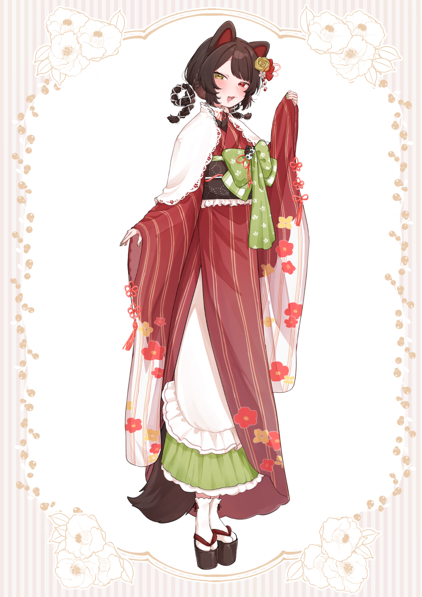 1girl 3znk absurdres alternate_costume alternate_hairstyle animal_ears apron blush border bow braid braided_hair_rings brown_border brown_hair brown_sandals brown_sash brown_tail commentary_request dog_ears dog_girl dog_tail fang floral_border floral_print floral_print_kimono flower frilled_apron frilled_sash frills full_body furisode gradient_clothes gradient_kimono green_bow green_nails green_skirt hair_flower hair_ornament hair_rings hand_up heterochromia highres inui_toko japanese_clothes kanzashi kimono lips long_hair long_skirt looking_at_viewer nail_polish nijisanji obi obiage obijime okobo open_mouth platform_sandals print_kimono purple_kimono red_eyes red_kimono sandals sash simple_background skirt sleeves_past_wrists smile socks solo standing striped_clothes striped_kimono tabi tail tail_under_clothes three_quarter_view tsumami_kanzashi twin_braids vertical-striped_clothes vertical-striped_kimono virtual_youtuber white_apron white_background white_socks yellow_eyes yellow_flower
