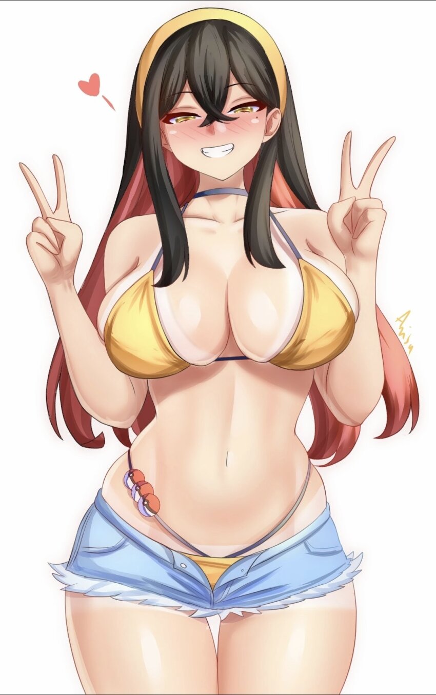 1girl anisdrawn bikini black_hair blush breasts carmine_(pokemon) cowboy_shot denim denim_shorts double_v grin highres large_breasts long_hair looking_at_viewer mole mole_under_eye multicolored_hair navel nintendo open_fly pokemon pokemon_sv red_hair shorts simple_background smile solo standing swimsuit thigh_gap two-tone_hair v white_background yellow_bikini yellow_eyes
