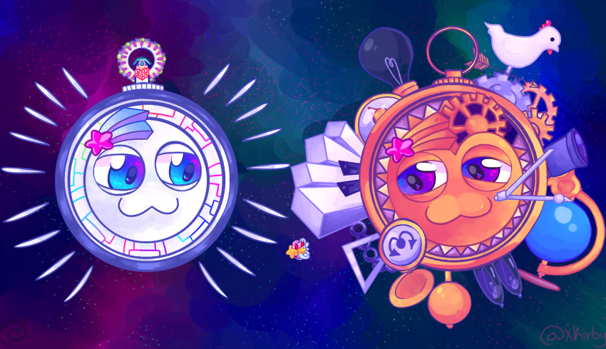 :3 artist_request blue_eyes compass galactic_nova gears globe kirby kirby:_planet_robobot kirby_(series) kirby_super_star light_bulb nintendo piano_keys pocket_watch robot smile source_request space star_(symbol) star_dream telescope vacuum_tube watch weather_vane