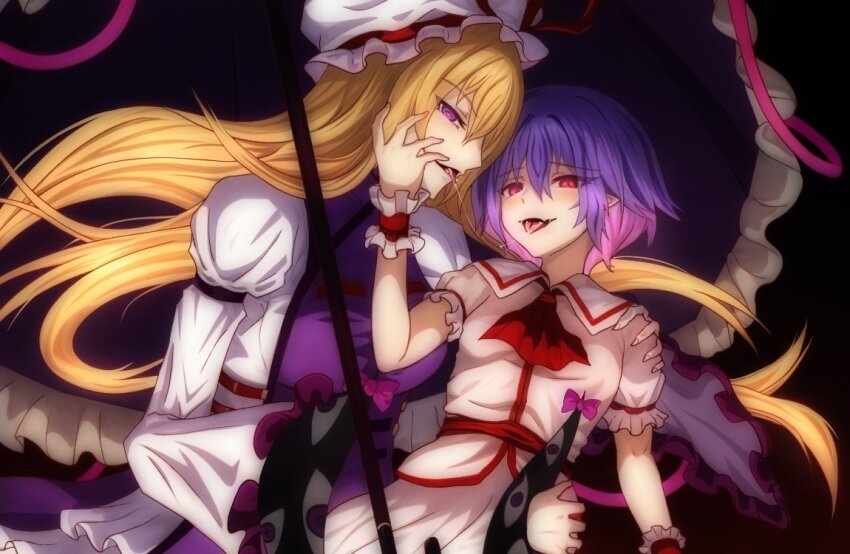 2girls blonde_hair dress gap_(touhou) hat looking_at_viewer merihari07 mob_cap multiple_girls pointy_ears purple_dress purple_eyes red_eyes remilia_scarlet saliva saliva_trail smile touhou umbrella yakumo_yukari yuri