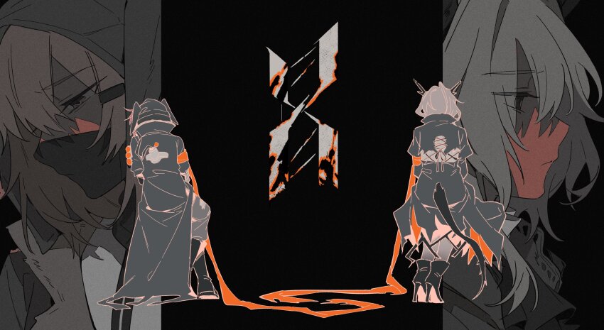 2girls animal_ear_hood arknights black_mask boots chinese_commentary commentary_request crownslayer_(arknights) dopperu_ben dragon_horns dragon_tail fake_animal_ears from_behind grey_hair high_heel_boots high_heels highres hood hooded_coat horns hyena_ears hyena_girl juliet_sleeves knee_boots long_sleeves mask medium_hair mouth_mask multiple_girls profile puffy_sleeves reunion_logo_(arknights) tail talulah_(arknights)