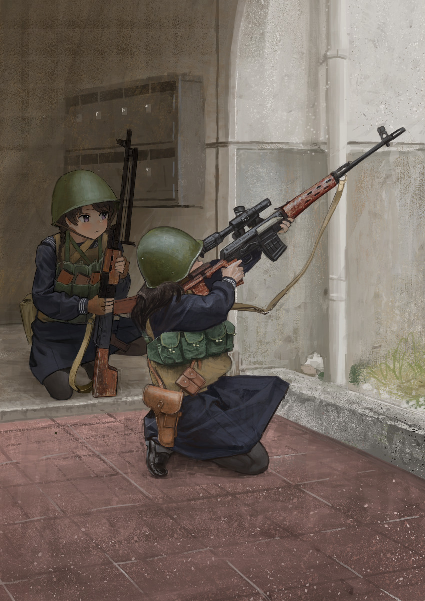 2girls absurdres aiming blue_jacket blue_serafuku blue_skirt brown_eyes brown_hair combat_helmet dragunov_svd full_body garoppui green_hat gun hat helmet highres holster indoors jacket light_machine_gun loafers machine_gun magazine_(weapon) multiple_girls original rifle rpk school_uniform serafuku shoes skirt sniper_rifle squatting tactical_school_uniform weapon