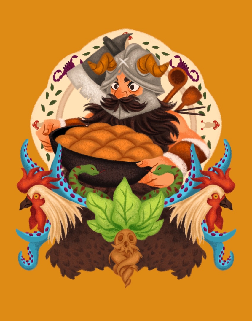 1boy absurdres axe basilisk beard bread cropped_torso dungeon_meshi dwarf facial_hair fake_horns food helmet highres holding horned_helmet horns long_beard looking_ahead lovelyillustrat male_focus mandrake monster mustache senshi_(dungeon_meshi) solo spatula tentacles thick_mustache very_long_beard weapon weapon_on_back wok