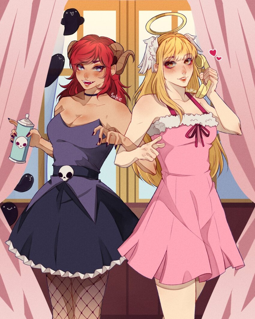 2girls angel angel_(devilish_hairdresser) angel_and_devil blonde_hair bracelet breasts choker demon_girl demon_horns devil_(devilish_hairdresser) devilish_hairdresser dress fur-trimmed_dress fur_trim halo head_wings highres holding horns jewelry long_hair looking_at_viewer multiple_girls nail_polish pantyhose phone pink_dress red_hair saltiepng skull_ornament smile traditional_halo wings
