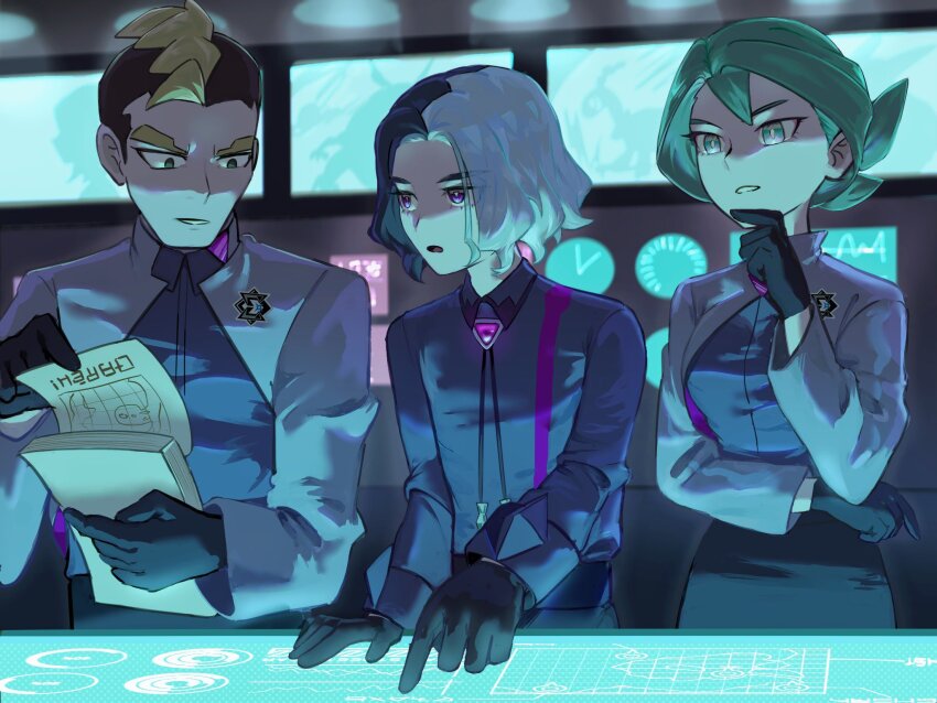 1girl 2boys amethio_(pokemon) black_eyes black_gloves black_hair black_skirt blonde_hair bright_pupils collared_shirt copituji gloves green_eyes green_hair grey_jacket hand_on_own_chin hand_up highres holding holding_paper indoors jacket loose_hair_strand multicolored_hair multiple_boys nintendo onia_(pokemon) paper parted_lips pointing pokemon pokemon_(anime) pokemon_horizons shirt skirt stroking_own_chin teeth two-tone_hair zirc_(pokemon)