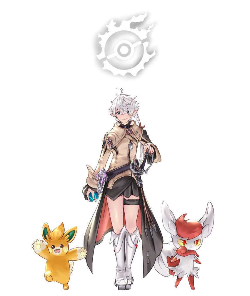 1girl alisaie_leveilleur blue_eyes boots brown_coat coat crossover elezen elf espeon final_fantasy final_fantasy_xiv full_body gen_2_pokemon highres holding holding_poke_ball knee_boots long_hair looking_at_viewer nintendo pawmo pointy_ears poke_ball pokemon pokemon_(creature) potion_lilac simple_background smile standing sword thigh_strap weapon white_background white_boots white_hair