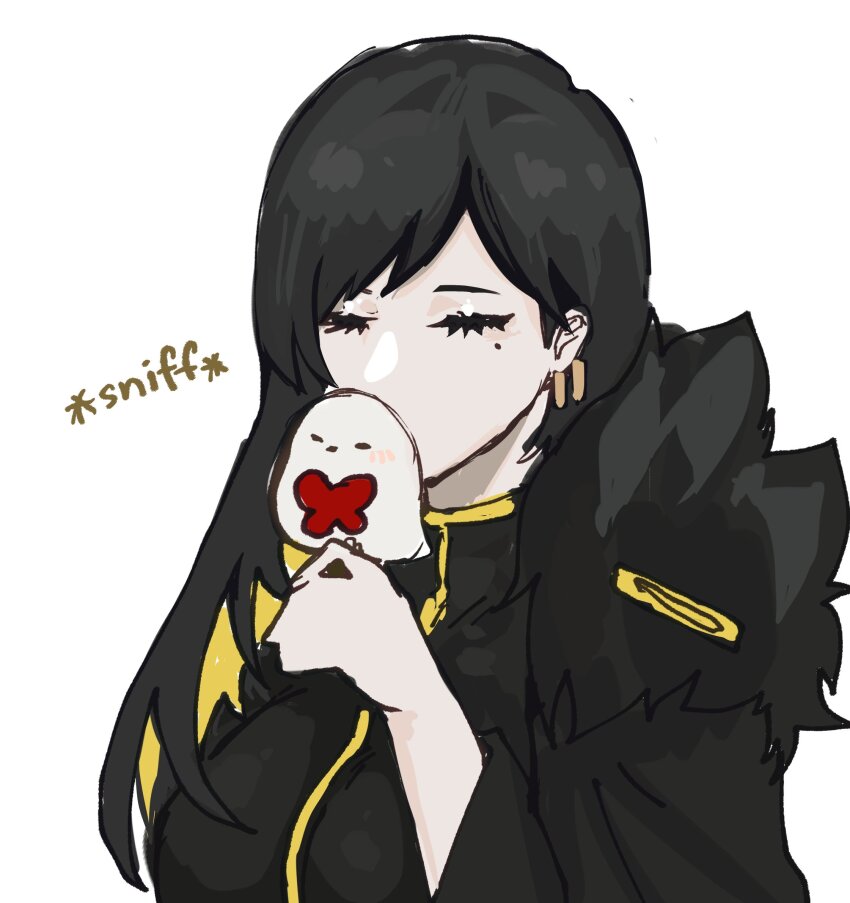 1girl binah_(project_moon) bird black_coat black_dress black_hair blonde_hair breasts cape closed_eyes coat colored_inner_hair commentary covered_mouth dress english_commentary fur-trimmed_cape fur_trim highres jewelry large_breasts library_of_ruina long_hair long_sleeves mole mole_under_eye multicolored_hair project_moon punishing_bird simple_background smelling solo white_background xclkx