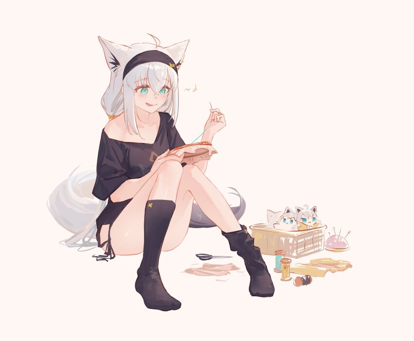 1girl absurdres ahoge animal_ear_fluff animal_ears aqua_eyes black_hairband black_headband black_shirt black_socks black_tail cloth double-parted_bangs embroidery embroidery_hoop extra_ears fabric fox_ears fox_girl fox_tail hair_between_eyes hairband headband highres holding holding_needle holding_sewing_needle hololive hyde_(tabakko) long_hair low-tied_long_hair multicolored_tail musical_note needle official_alternate_costume pentagram pincushion scissors sewing_kit sewing_needle sewing_pin shirakami_fubuki shirakami_fubuki_(loungewear) shirt side-tie_shirt sidelocks simple_background sitting socks solo spool stuffed_animal stuffed_toy tail thread tongue two-tone_tail virtual_youtuber white_background white_hair white_tail
