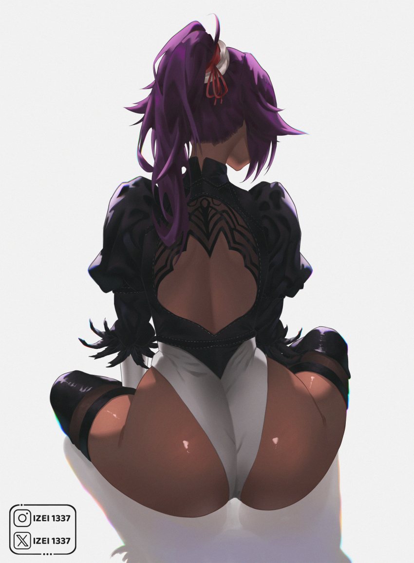 1girl 2b_(nier:automata) 2b_(nier:automata)_(cosplay) absurdres ass back_cutout black_thighhighs bleach clothing_cutout commentary cosplay dark-skinned_female dark_skin english_commentary facing_away from_behind highleg highleg_leotard highres instagram_username izei1337 juliet_sleeves leotard long_hair long_sleeves median_furrow nier:automata nier_(series) ponytail puffy_sleeves purple_hair shadow shihouin_yoruichi simple_background sitting solo thighhighs thighs toned toned_female twitter_username white_background white_leotard yellow_eyes