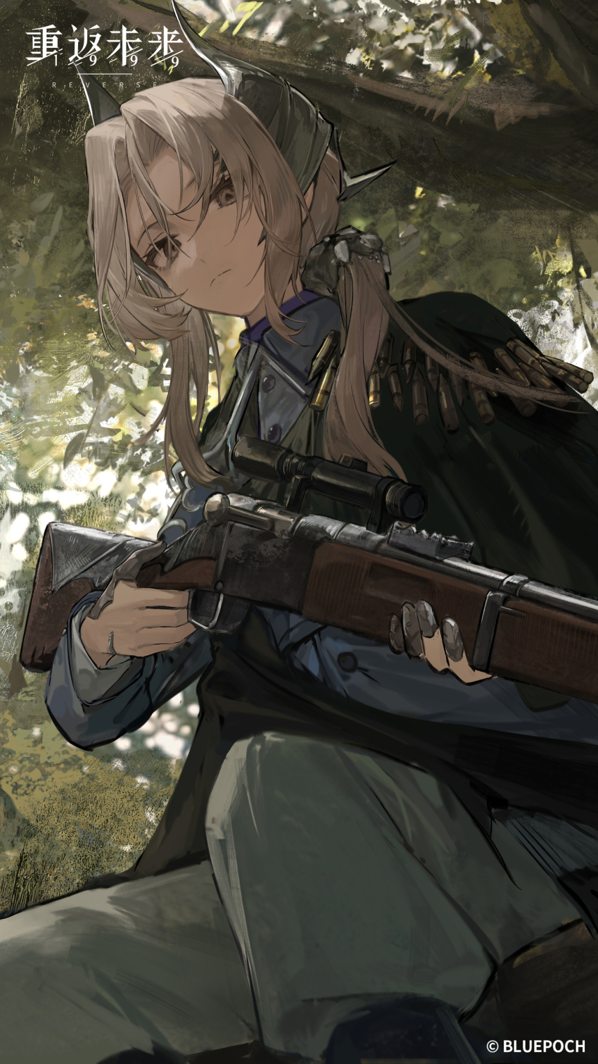 1girl absurdres black_boots black_cape blue_jacket boots cape closed_mouth copyright_name copyright_notice day feet_out_of_frame from_below grey_eyes grey_hair gun hair_ornament highres holding holding_gun holding_weapon in_tree jacket logo long_hair looking_at_viewer low_ponytail military_uniform official_art official_wallpaper on_branch outdoors pants petrification ponytail reverse:1999 rifle rifle_cartridge sentinel_(reverse:1999) sitting sitting_in_tree sitting_on_branch solo tree weapon white_pants