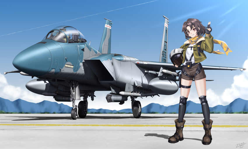 aircraft airplane brown_hair brown_shorts commentary commission day earhart_(neural_cloud) english_commentary f-15_eagle fighter_jet full_body girls&#039;_frontline girls&#039;_frontline_neural_cloud green_jacket helmet highres holding holding_helmet jacket knee_pads looking_at_viewer military_vehicle open_clothes open_mouth outdoors pilot_helmet pixiv_commission red_eyes scarf short_hair shorts standing teeth zero_(73ro)