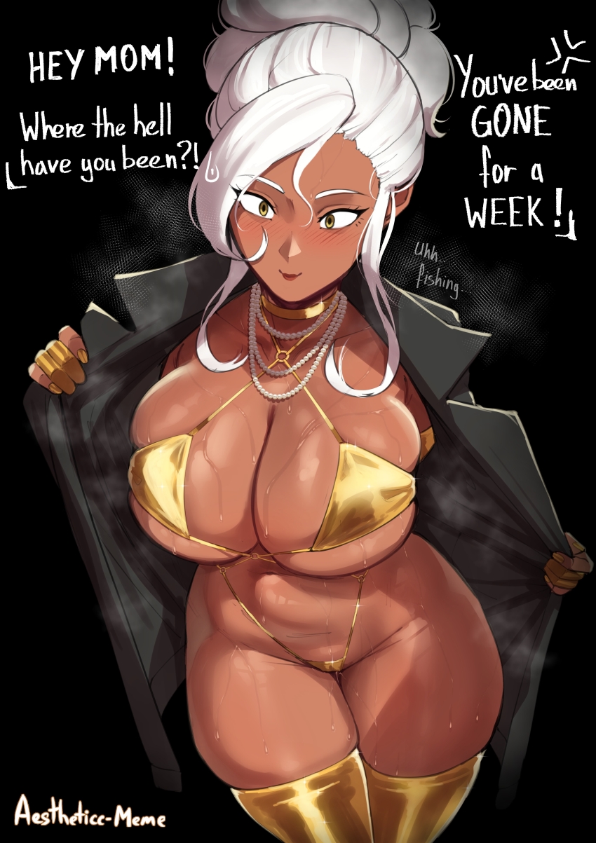 1girl absurdres aestheticc-meme bikini black_background black_coat breasts cleavage coat commentary dark-skinned_female dark_skin english_commentary english_text gold_bikini gold_thighhighs highres jewelry large_breasts lips long_hair necklace nervous_smile open_clothes open_coat original pearl_necklace sabrina_(aestheticc-meme) sidelocks simple_background smile solo standing steaming_body swimsuit variant_set wet white_hair yellow_eyes yellow_nails