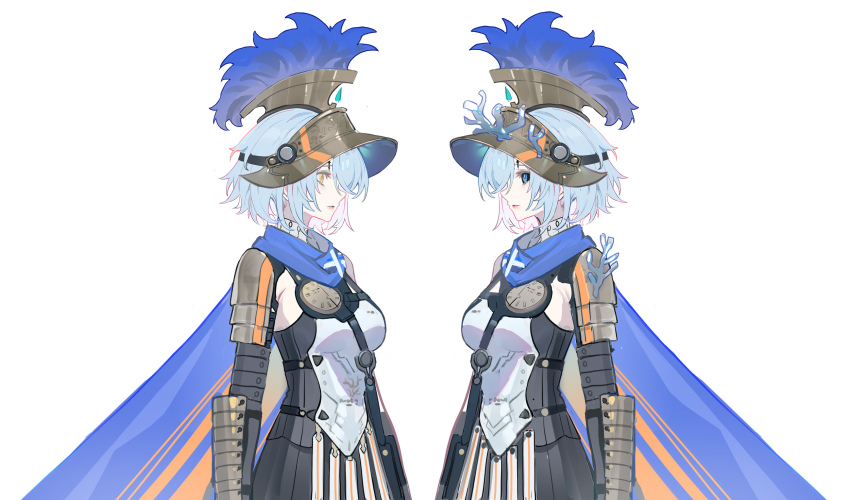2girls armor black_sclera blue_cape blue_eyes blue_hair breasts cape clone colored_sclera dark_persona dual_persona echj gladiator helmet highres looking_at_another medium_breasts missing_commentary multiple_girls mya_(wuthering_waves) parted_lips short_hair simple_background solo tacet_mark_(wuthering_waves) white_background wuthering_waves yellow_eyes