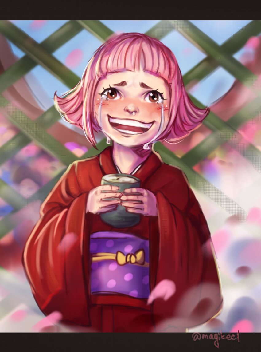 1girl artist_name blunt_bangs blush child crying crying_with_eyes_open highres holding magikee1 one_piece open_mouth orange_eyes pink_hair realistic short_hair smile solo tearing_up tears teeth toko_(one_piece)