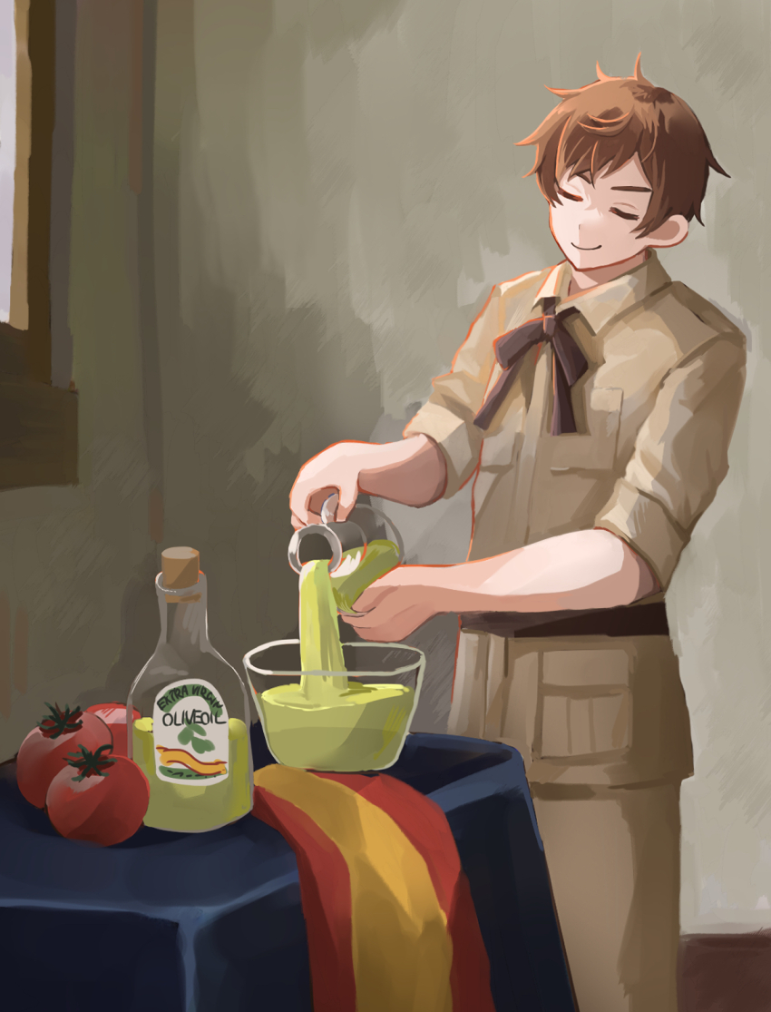 1boy axis_powers_hetalia belt bottle bowl breast_pocket brown_belt brown_hair brown_jacket brown_pants brown_ribbon closed_eyes closed_mouth collared_jacket commentary_request cowboy_shot fine_art_parody highres himoon666 holding holding_jar indoors jacket jar male_focus military_jacket military_uniform neck_ribbon pants parody pocket pouring ribbon short_hair sleeves_rolled_up smile solo spain_(hetalia) spanish_flag standing table the_milkmaid tomato window