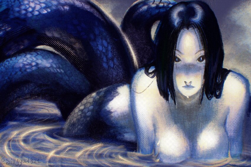 1girl black_hair boa_hancock closed_mouth hashtag-only_commentary highres long_hair looking_at_viewer monochrome monster_girl nude one_piece partially_submerged snake_girl solo tusmonitos twitter_username