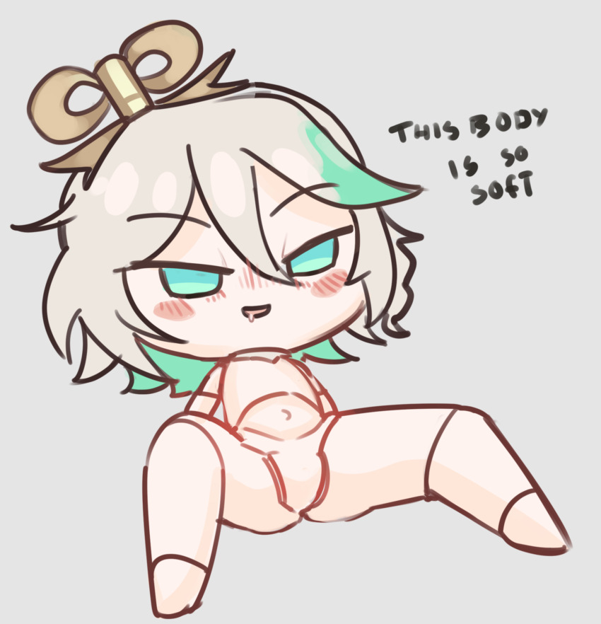 1girl arrivedcold blush cecilia_immergreen doll doll_joints drooling english_text green_eyes green_hair grey_background grey_hair highres hololive hololive_english joints nude saliva solo virtual_youtuber winding_key