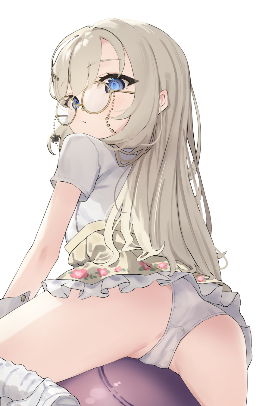 1girl absurdres ass blue_eyes frilled_skirt frills from_behind glasses hair_ornament hanakonenne highres loli long_hair looking_at_viewer looking_back original panties round_eyewear shirt short_sleeves simple_background skirt socks solo t-shirt underwear white_background white_panties white_shirt white_socks